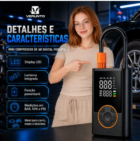 Detalhes e características do mini compressor de ar digital