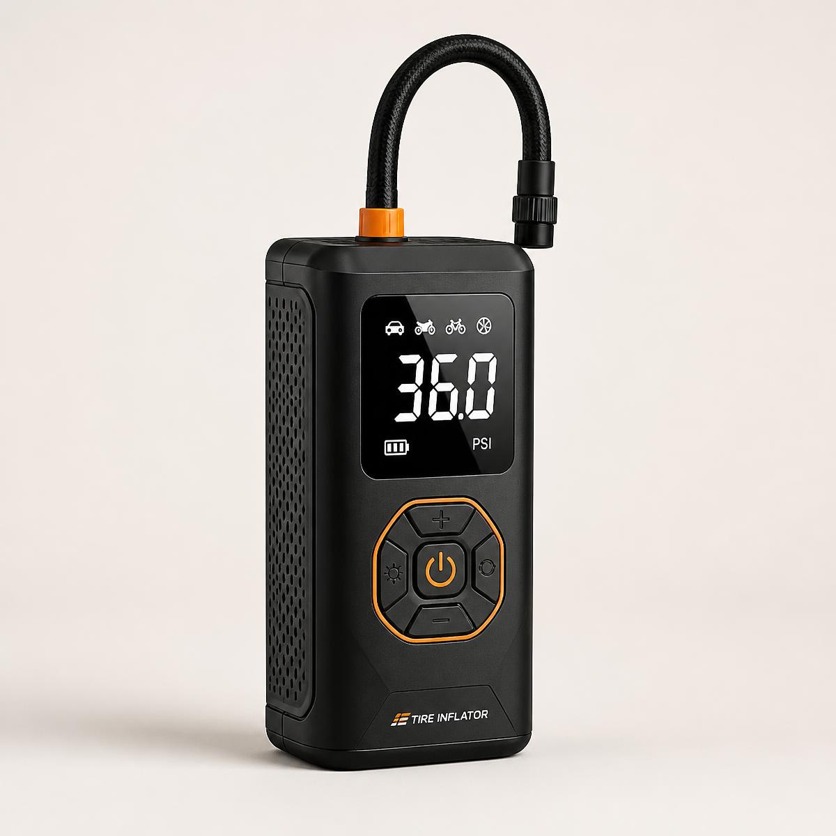 Mini compressor de ar digital portátil preto com visor LED